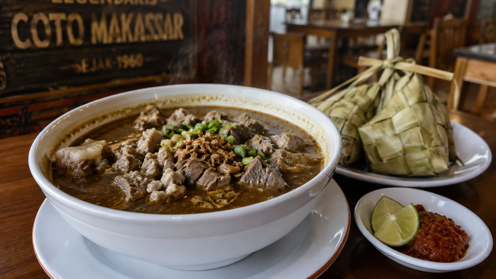 Penyajian coto Makassar lengkap dengan ketupat dan pelengkap di meja makan