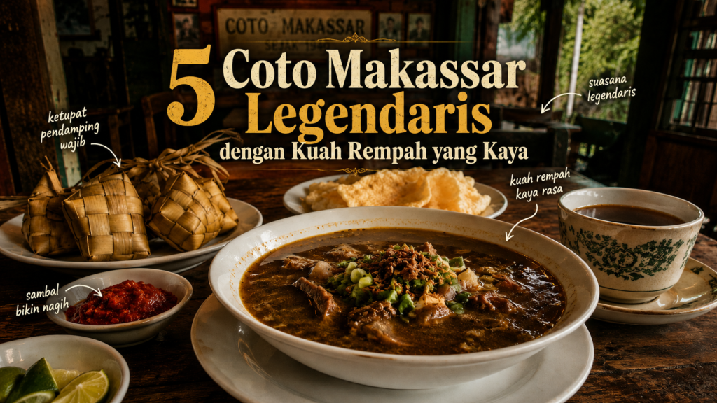 Semangkuk coto Makassar dengan kuah rempah kental dan potongan daging