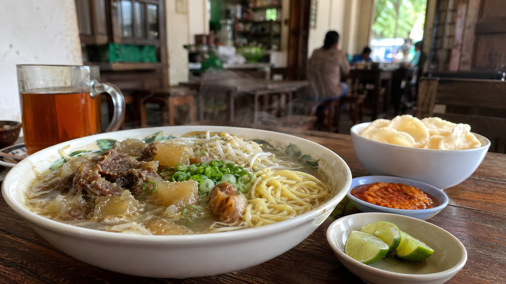 Semangkuk mie kocok Bandung dengan taburan seledri dan bawang goreng
