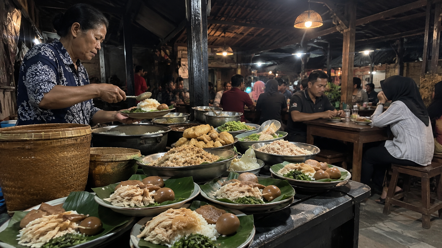 Suasana warung nasi liwet Solo legendaris di malam hari