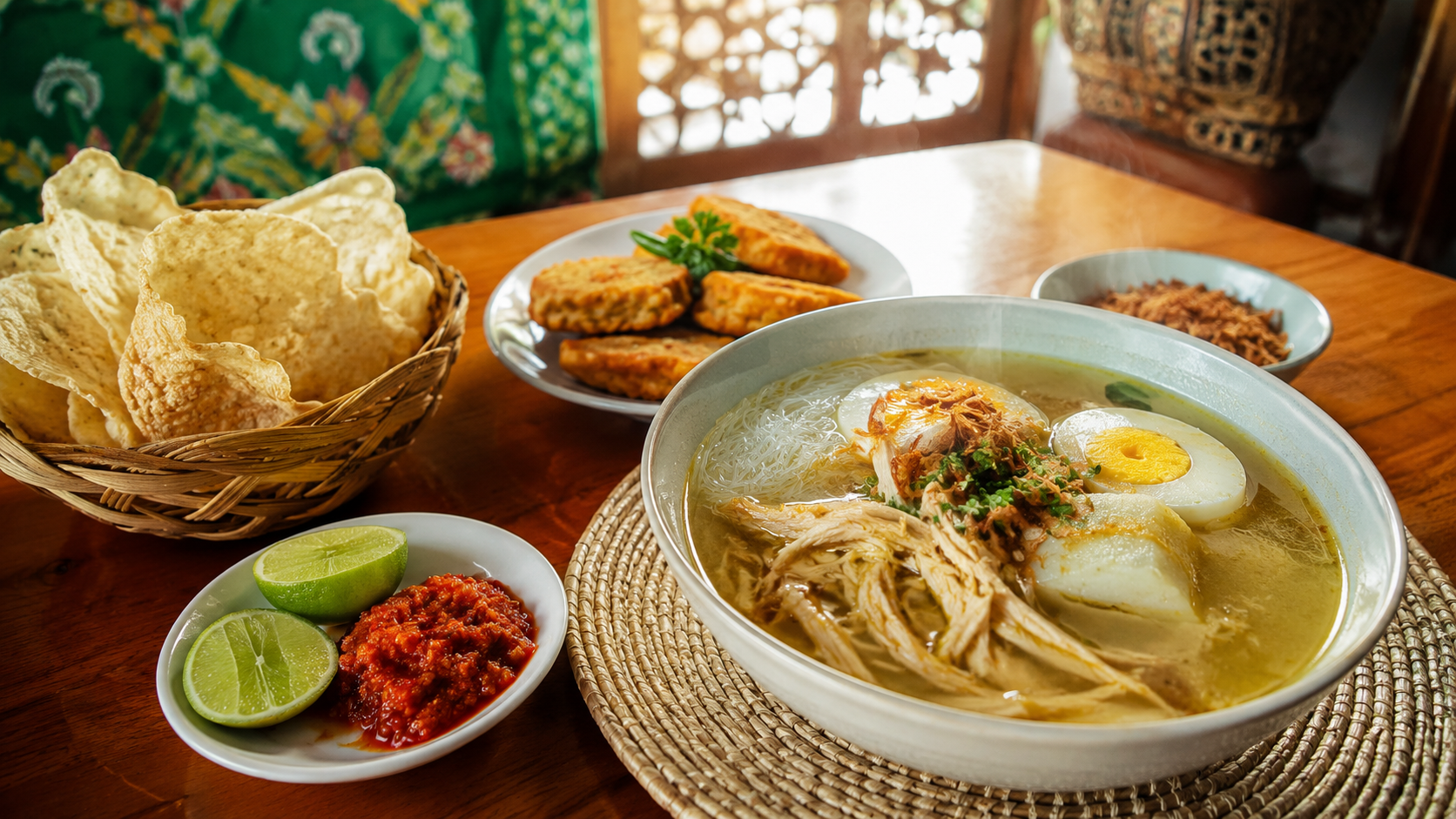 Penyajian soto Banjar Banjarmasin dengan perkedel dan ketupat