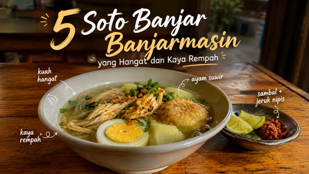 Semangkuk soto Banjar Banjarmasin dengan kuah bening dan isian lengkap
