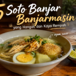 Semangkuk soto Banjar Banjarmasin dengan kuah bening dan isian lengkap