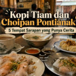 Suasana Warung Kopi Asiang dengan meja marmer dan cangkir kopi klasik