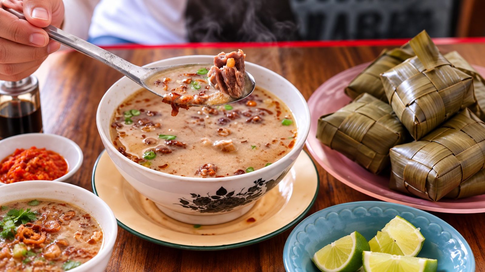 Detail kuah coto makassar kental dengan irisan daging dan jeroan