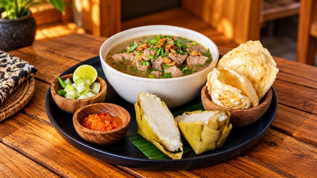 Mangkuk coto makassar kuah kental dengan ketupat dan pelengkap