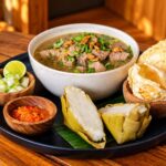 Mangkuk coto makassar kuah kental dengan ketupat dan pelengkap