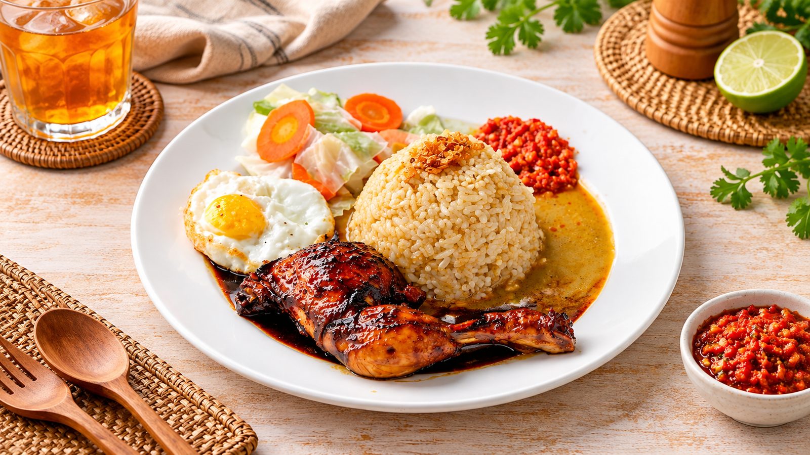 Ayam bakar dengan nasi dan sambal, menu makan siang di Kedai Bukit Rhema dekat Borobudur